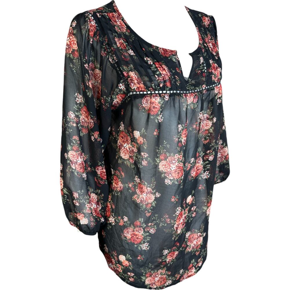 Mine Womens Large Black Floral Sheer 3/4‎ Length Sleeve Blouse - Picture 9 of 15